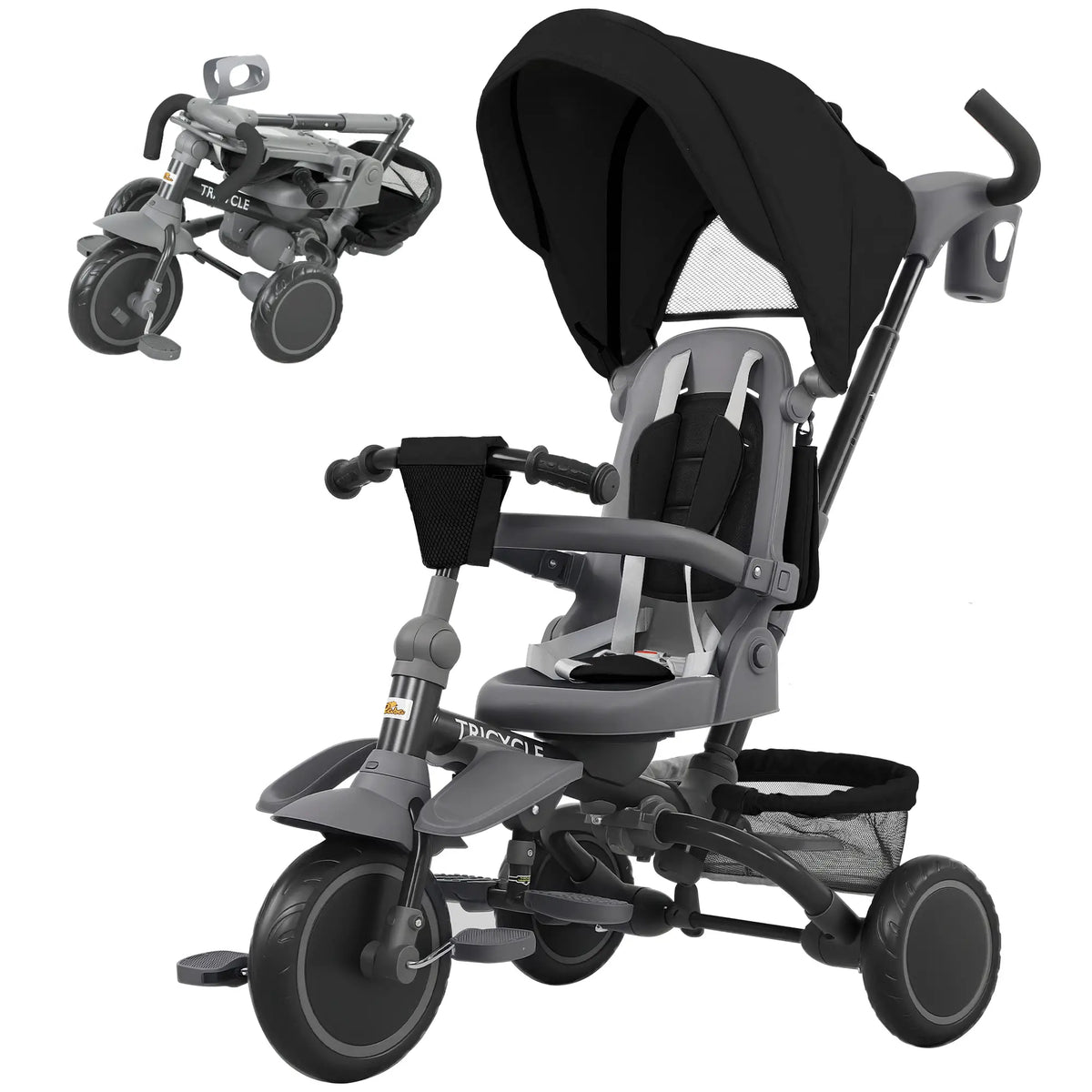 6 in 1 Toddler Tricycle, Push Handle, Removable Canopy, Rotatable Seat, Black Tricycles for Kids Black at Gallery Canada