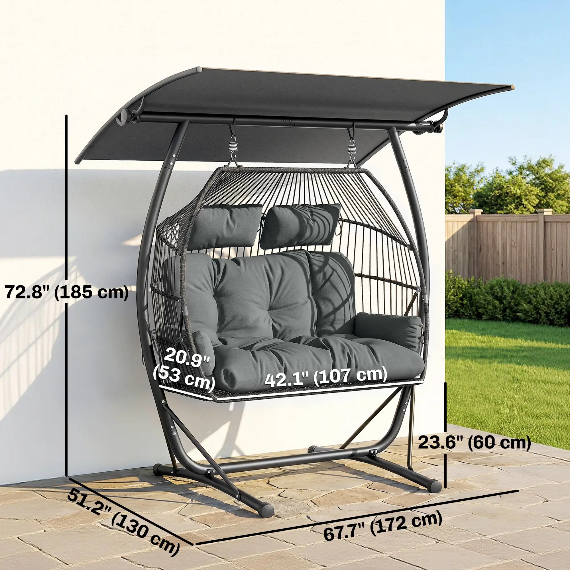 Hanging Double Egg Chair with Canopy, Cushion, Stand, Dark Grey Patio Swings with Stand at Gallery Canada