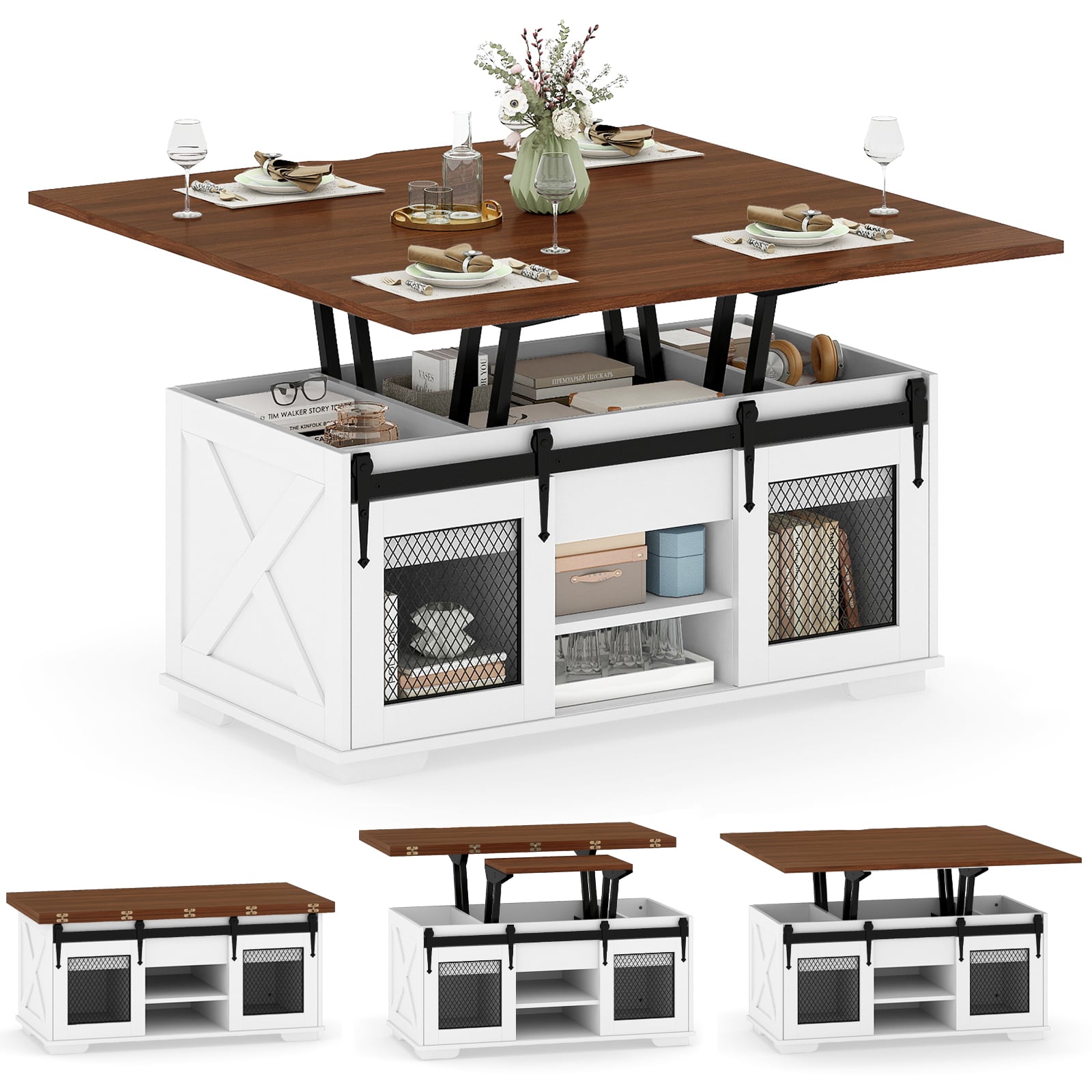 Lift Top Coffee Table with 2 Sliding Barn Doors, Walnut Coffee Tables Walnut at Gallery Canada