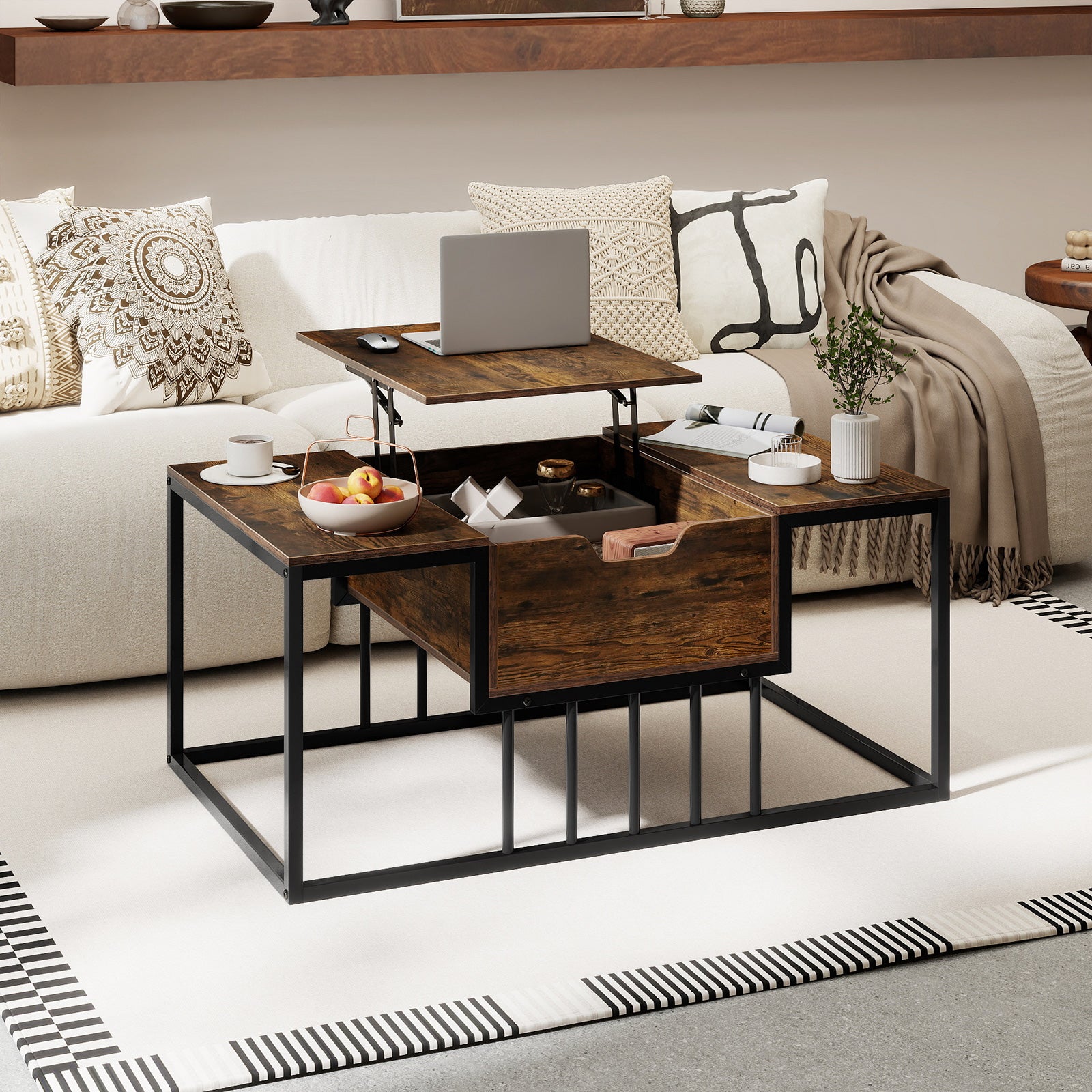 Lift Top Coffee Table with Hidden Storage, Rustic Brown Coffee Tables at Gallery Canada