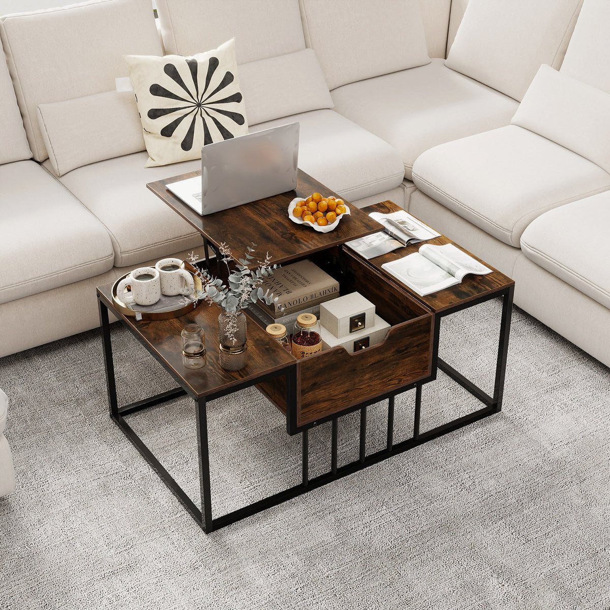 Lift Top Coffee Table with Hidden Storage, Rustic Brown Coffee Tables at Gallery Canada