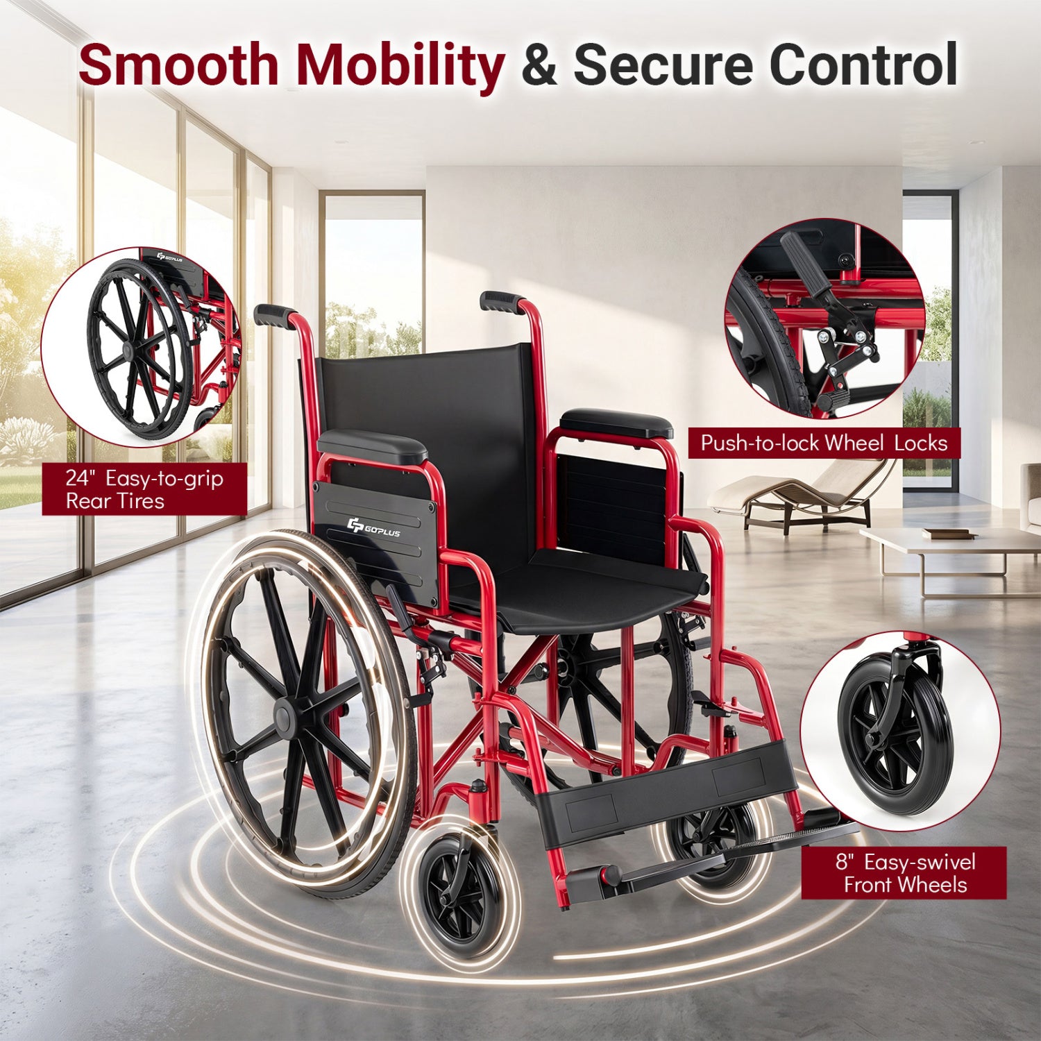Folding Wheelchair for Adults, Swing-Away Footrest, Red Walkers & Rollators at Gallery Canada