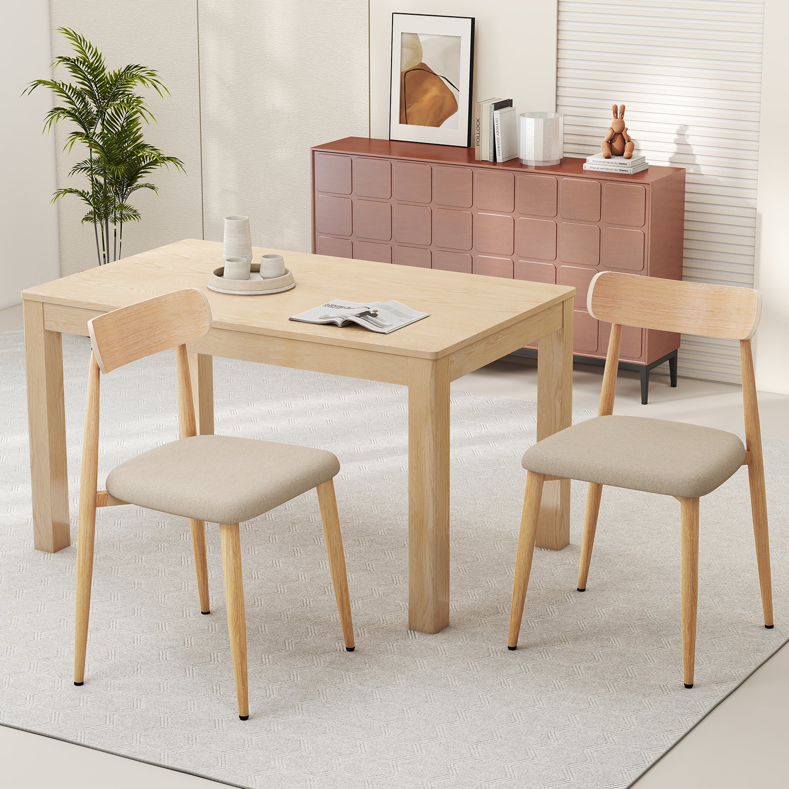 Linen Fabric Upholstered Modern Dining Chair Set of 2 with Padded Seat and Curved Back, Oak Dining Chairs at Gallery Canada