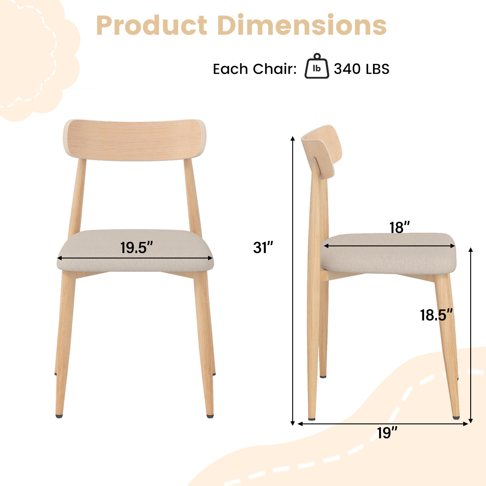 Linen Fabric Upholstered Modern Dining Chair Set of 2 with Padded Seat and Curved Back, Oak Dining Chairs at Gallery Canada