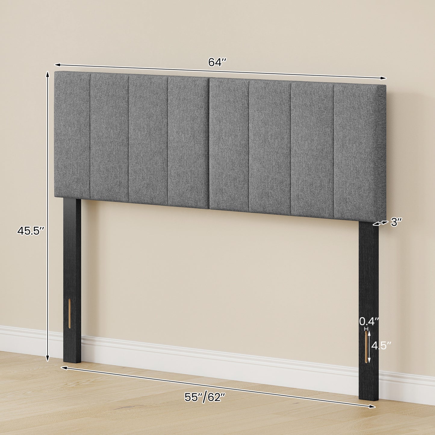 Linen Headboard, Solid Wood Legs, Dark Gray