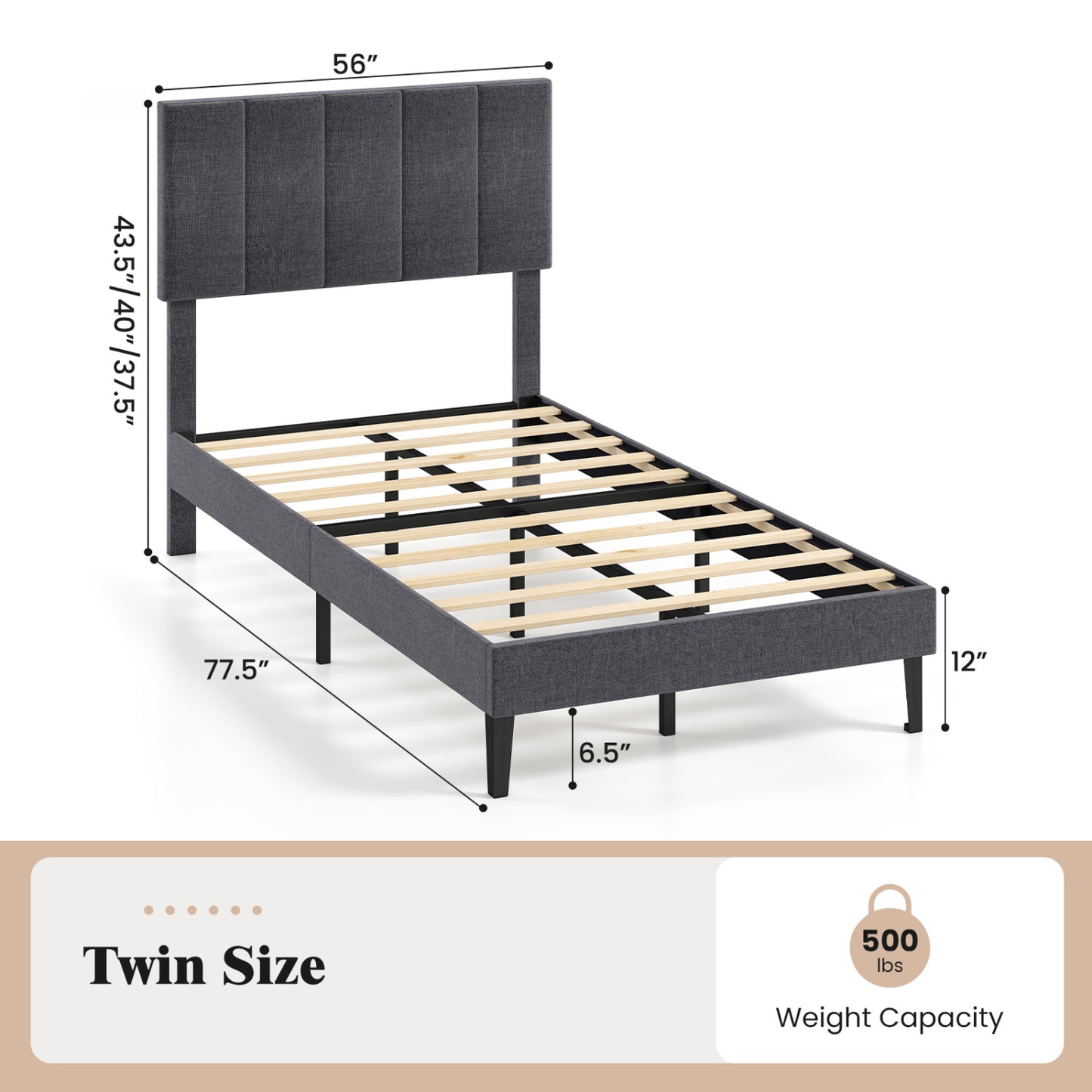 Linen Upholstered Platform Bed with Height Adjustable Vertical Channel Headboard-Twin Size Beds & Bed Frames at Gallery Canada
