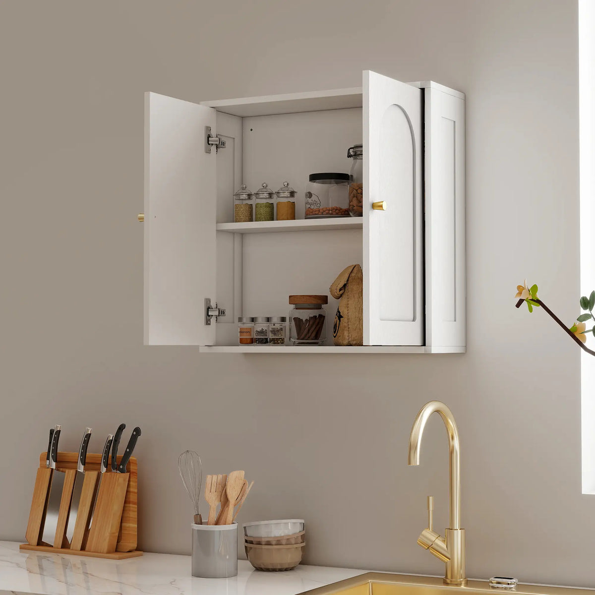 Modern Medicine Cabinet, Wood Grain, 2 Arched Doors, Gold Handles, White Bathroom Cabinets at Gallery Canada