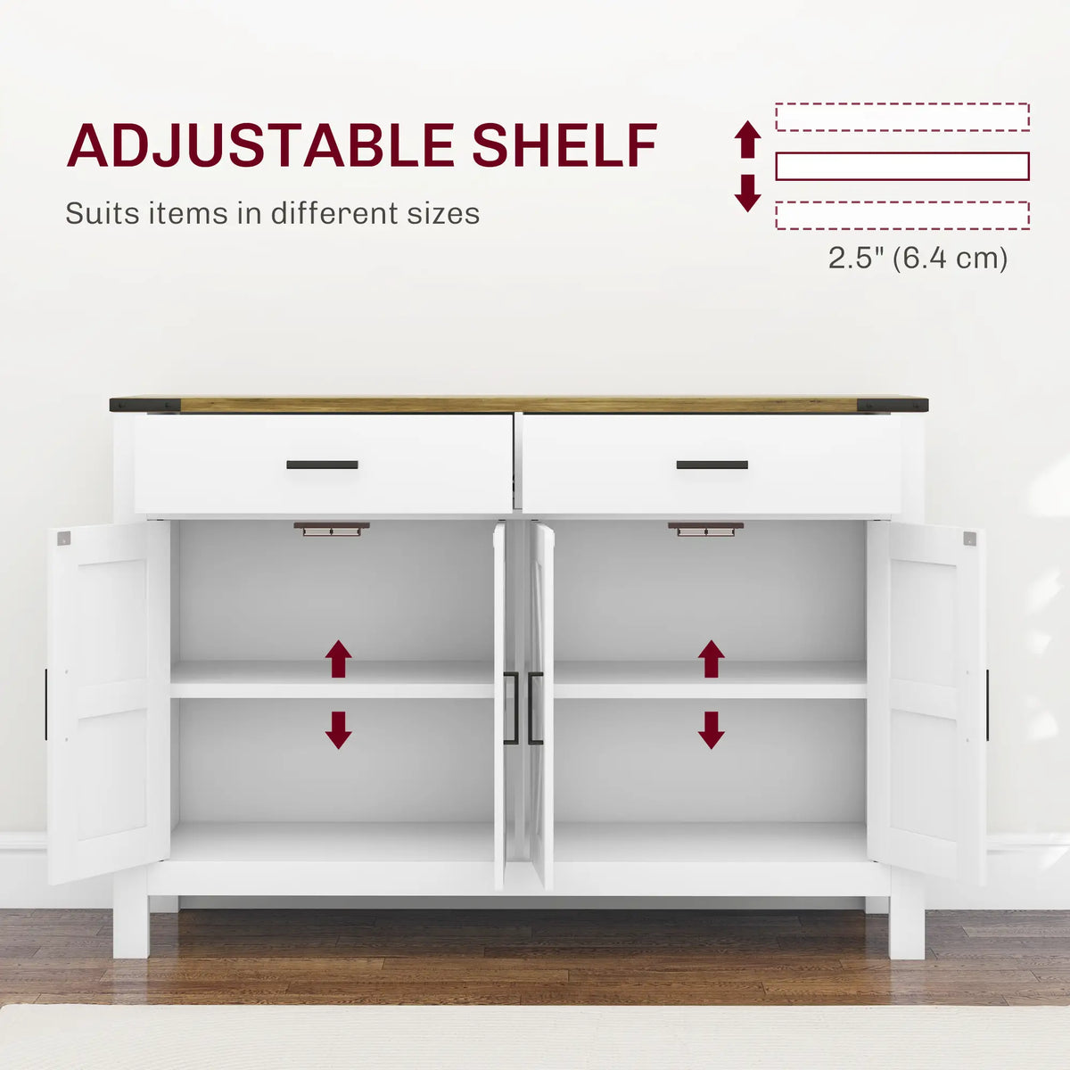 Farmhouse Buffet Cabinet, 2 Drawers, 2 Cabinets, Adjustable Shelves, White Bar Cabinets at Gallery Canada