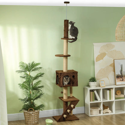 89"-104" Cat Tree with Scratching Post, Cat House, 3-Steps, Hanging Ball, Brown Floor to Ceiling Cat Trees at Gallery Canada