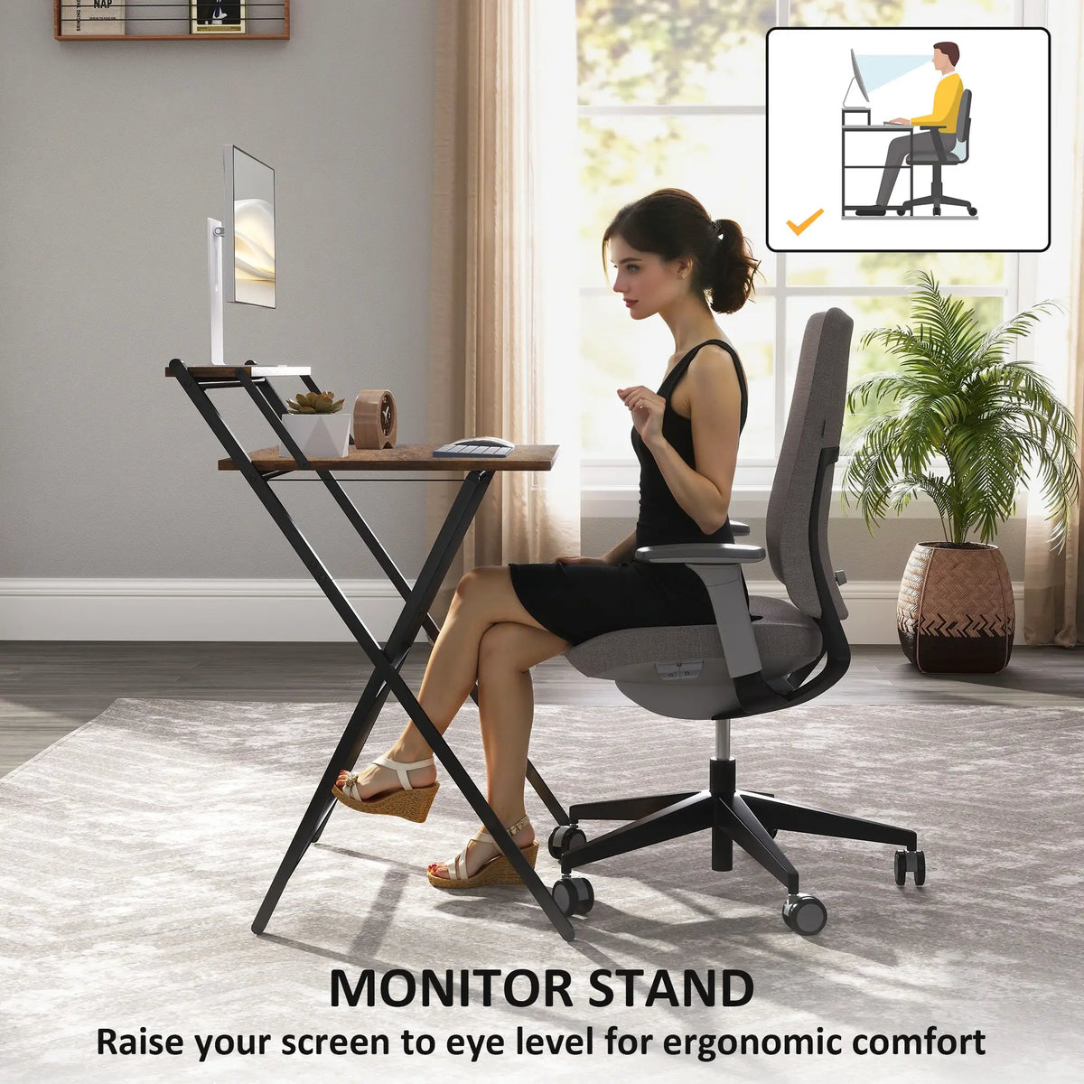 27.6" Folding Computer Desk, Rustic Brown, Monitor Shelf Writing Desks at Gallery Canada