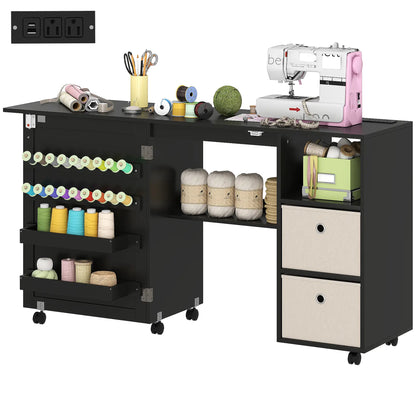 Rolling Sewing Machine Table, Folding Craft Table with Drawers, Bins, Pegs, Black Sewing Cabinets Black at Gallery Canada