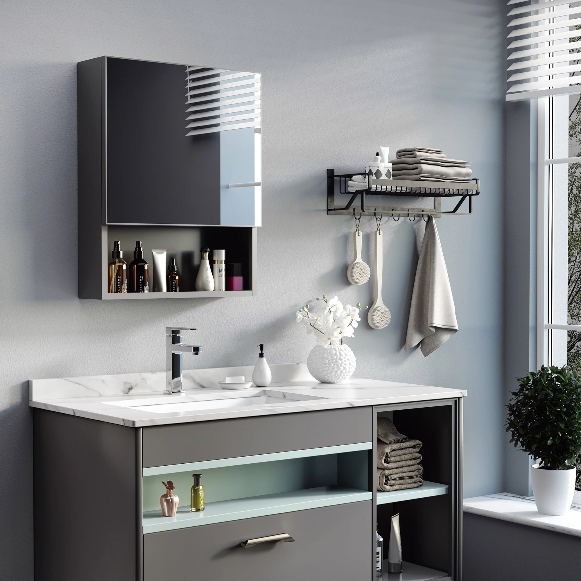 Wall-Mounted Medicine Cabinet, Single Door with Shelves, Stainless Steel Frame, Black Mirror Medicine Cabinets at Gallery Canada