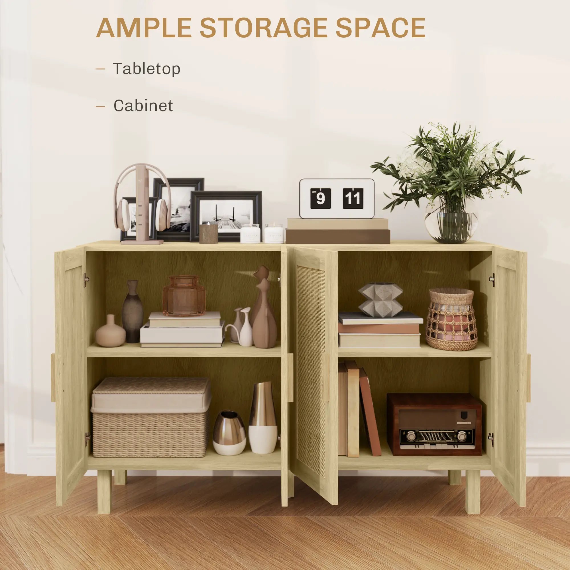 Boho Sideboard Cabinet, 4 Rattan Doors, Adjustable Shelves, Natural Storage Cabinets at Gallery Canada