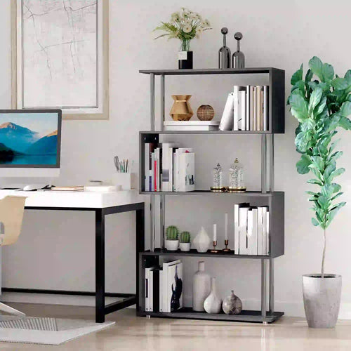 5-Tier Geometric Wooden Bookcase, S-Shaped Storage, Black