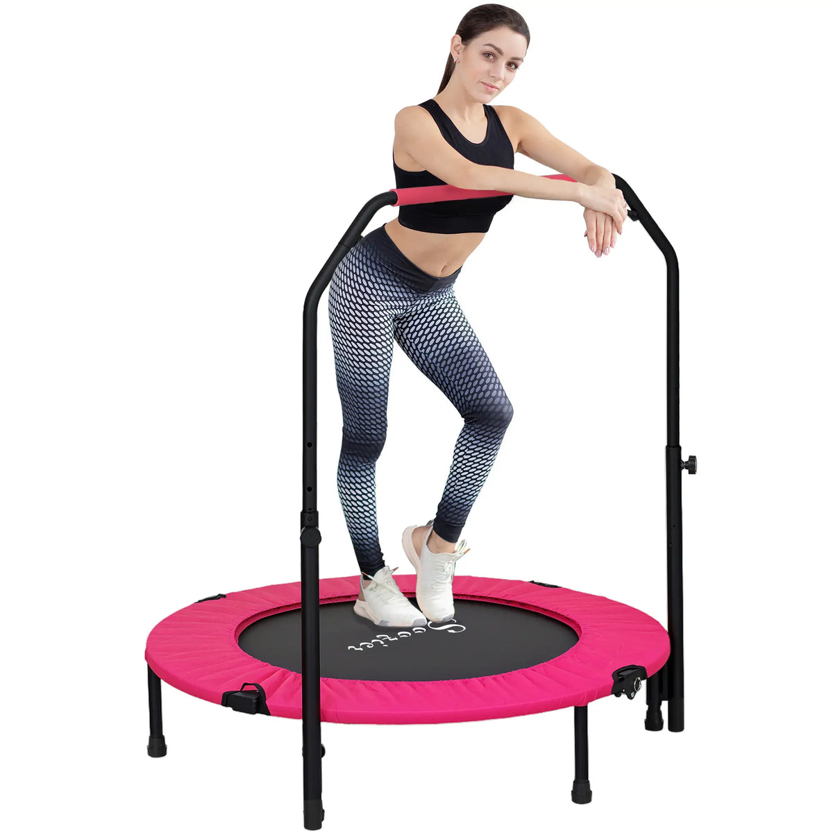 40" Foldable Mini Fitness Trampoline, Adjustable Foam Handle, Pink Trampolines at Gallery Canada