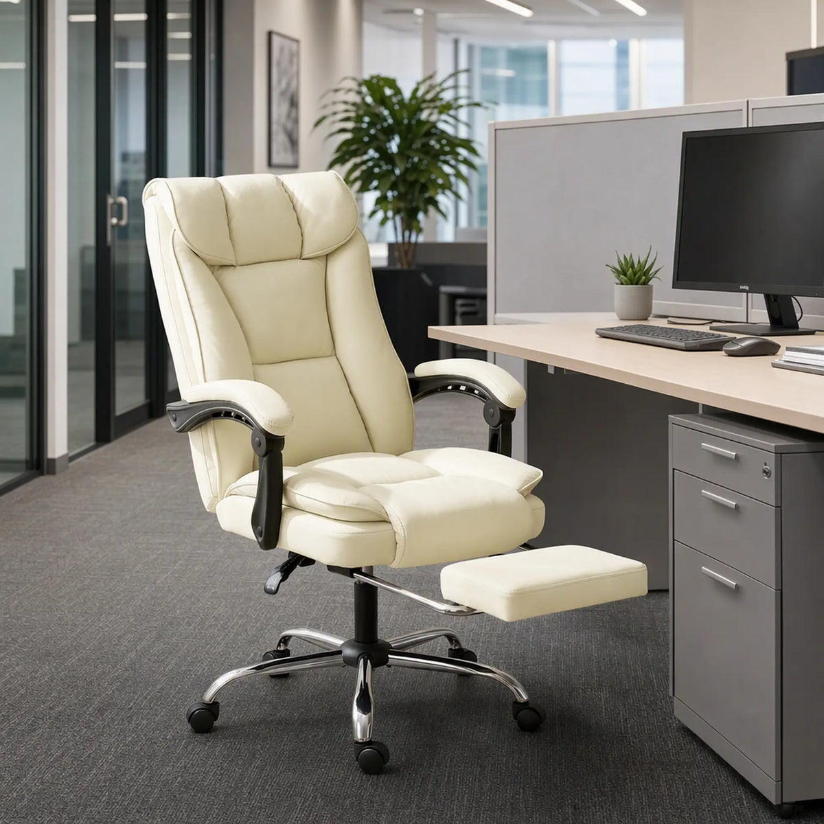 Executive Office Chair, Ergonomic Desk Chair with Footrest, Swivel Recliner, Beige Executive & Manager Chairs at Gallery Canada