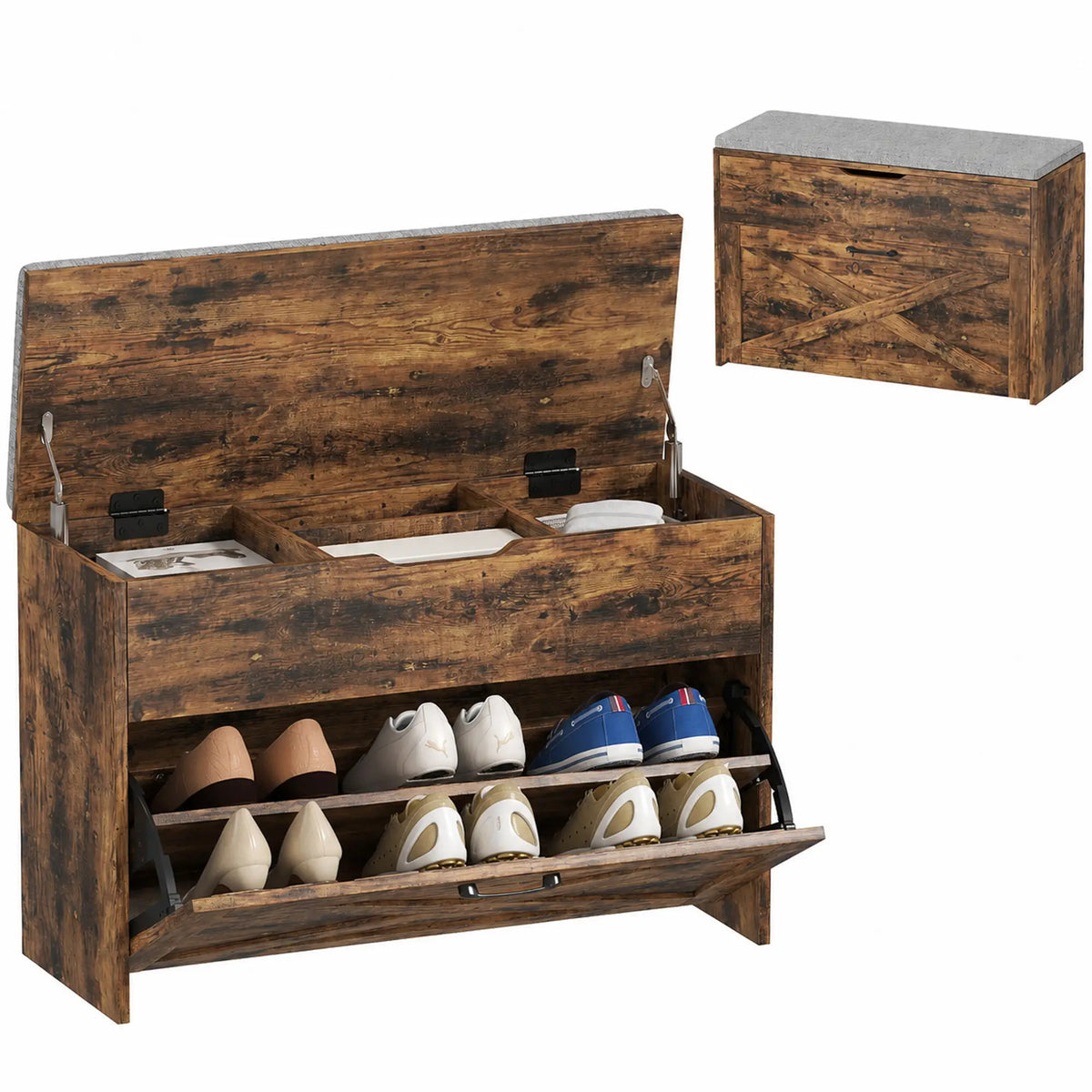 Shoe Storage Bench with Flip Drawer, Lift Top, Seat Cushion, Rustic Brown Shoe Storage Cabinets & Racks at Gallery Canada