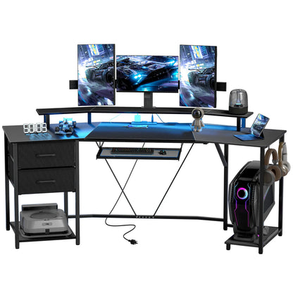 79 Inch Gaming Desk With RGB Lights, Power Outlets, USB Ports, Keyboard Tray, 2 Drawers, Black Gaming Desks Black at Gallery Canada