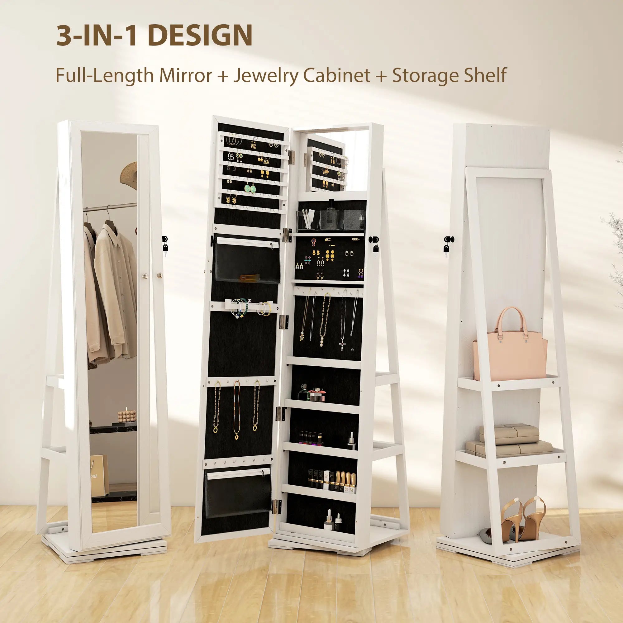 360° Swivel Jewelry Armoire, Lockable Mirror Cabinet, White Jewelry Armoire & Jewellery Mirror Cabinets at Gallery Canada