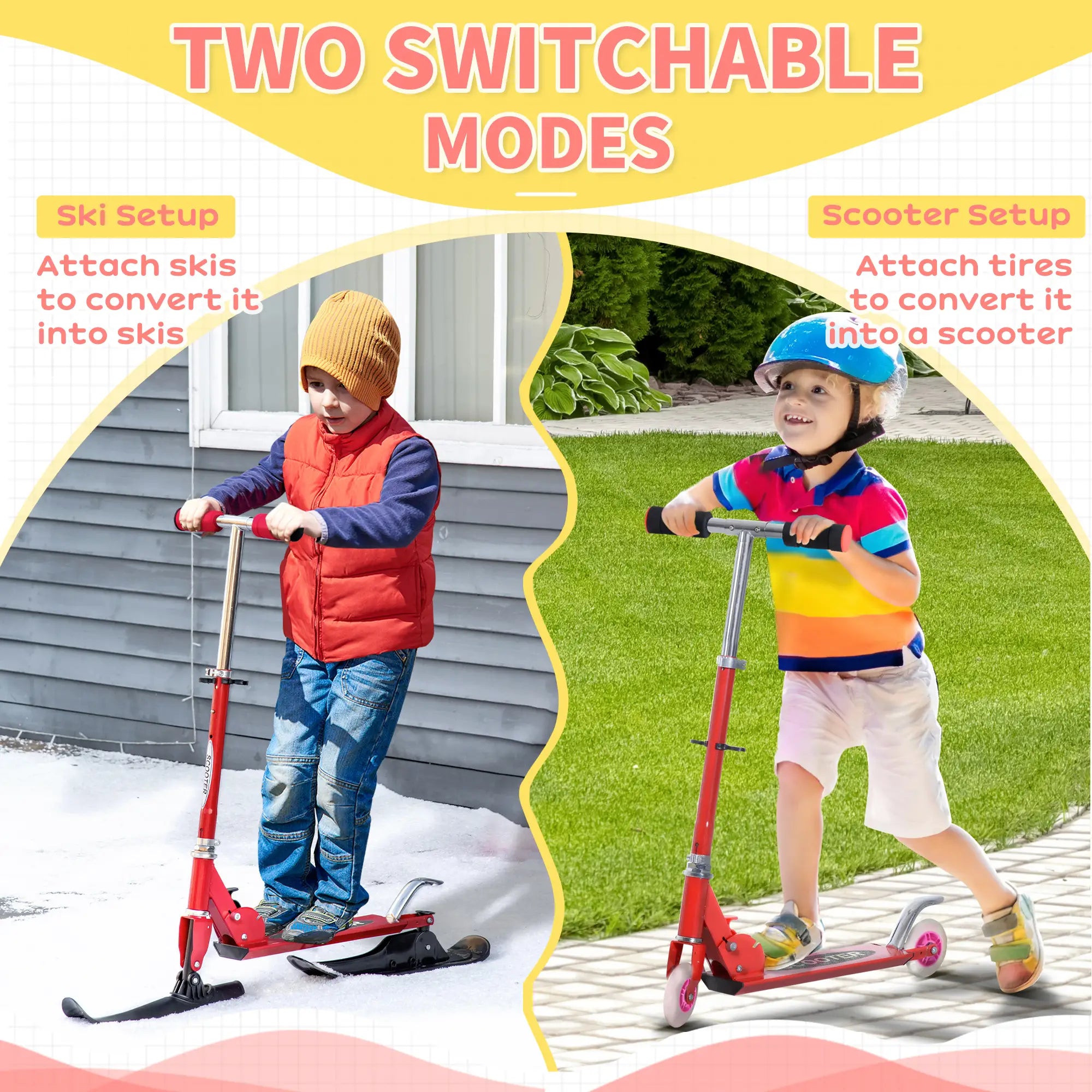 Snow Scooter, Adjustable Height, Kids Sled Ski Scooter with Wheels Blades, Red Scooters at Gallery Canada