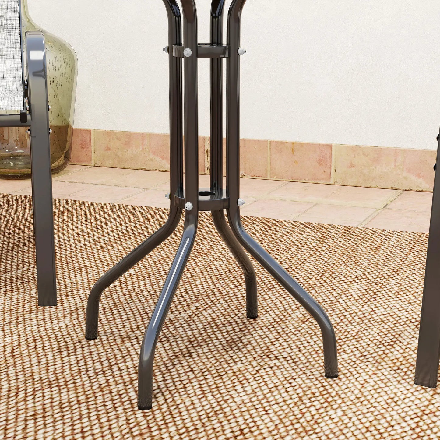 3 Piece Bistro Set, Stackable Mesh Chairs, Glass Table, Dark Grey Bistro Sets at Gallery Canada