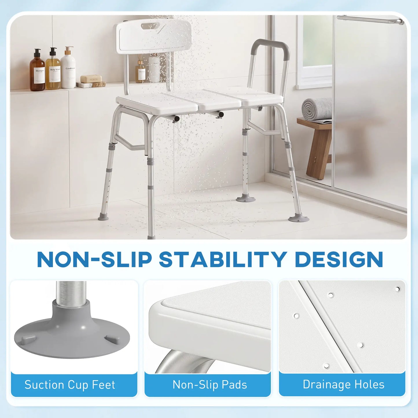 Banc de transfert pour baignoire avec accoudoir, dossier, chaise de douche, blanc