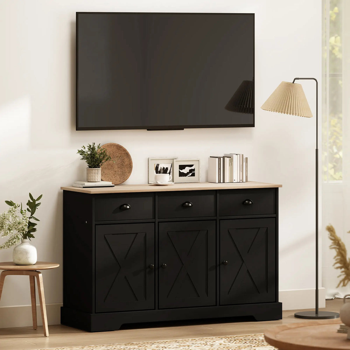 46.5" Buffet Cabinet, Farmhouse Sideboard, 3 Barn Doors, 3 Drawers, Black Bar Cabinets at Gallery Canada