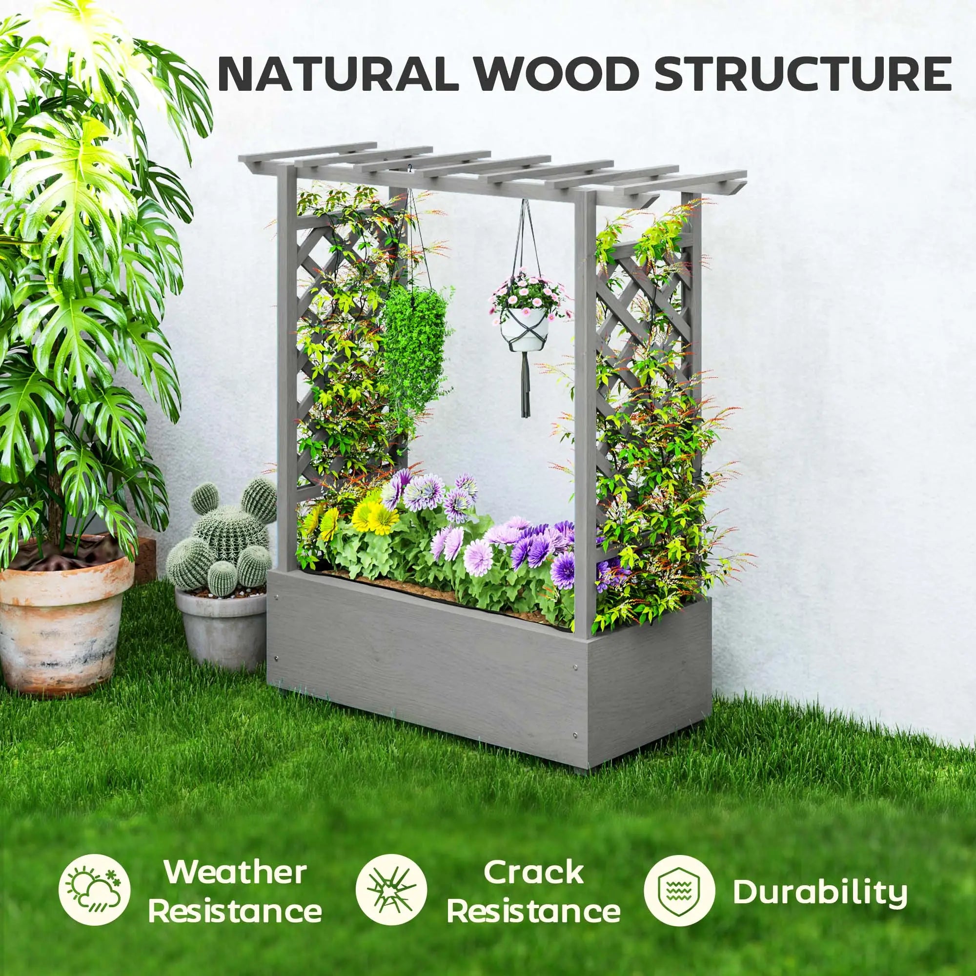 Wooden Raised Garden Bed with Trellis, Outdoor Planter Box, Drainage Holes Raised Garden Beds at Gallery Canada