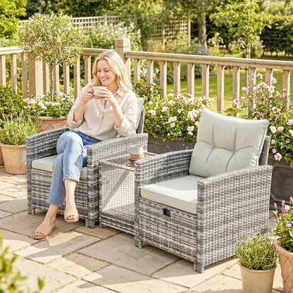 5 Piece Patio Furniture Set, Wicker Chairs With Ottomans, 2-Tier Glass Coffee Table, Grey/Cream White Patio Furniture Sets at Gallery Canada