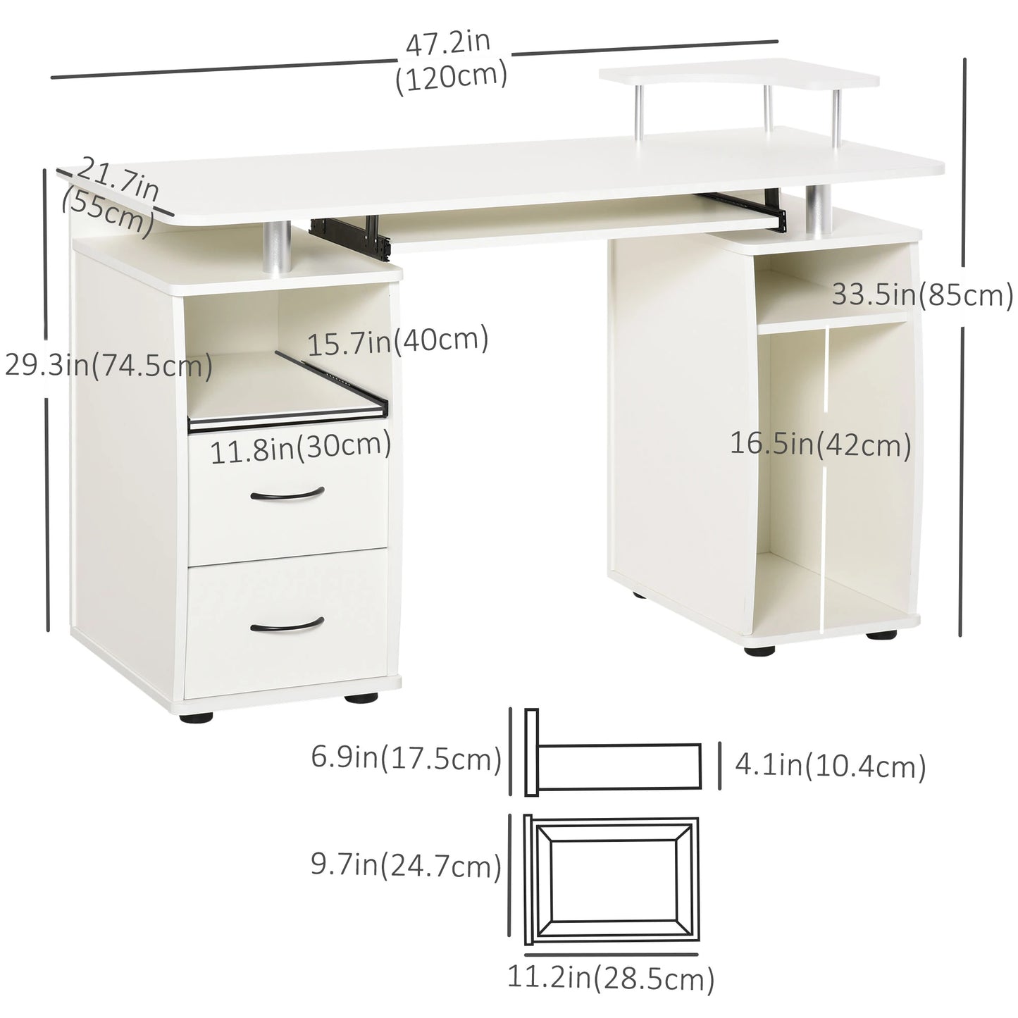 Computer Desk with Keyboard Tray, Drawers, CPU Stand, White Computer Desks at Gallery Canada