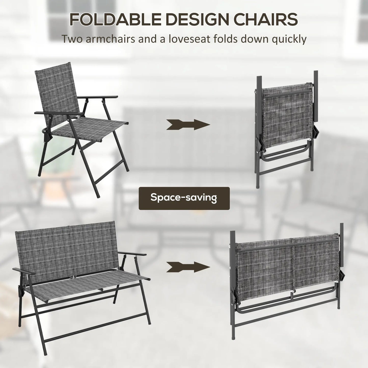 4 Piece Patio Furniture Set, Two Foldable Armchairs, Loveseat, Glass Top Table, Mixed Grey Patio Furniture Sets at Gallery Canada