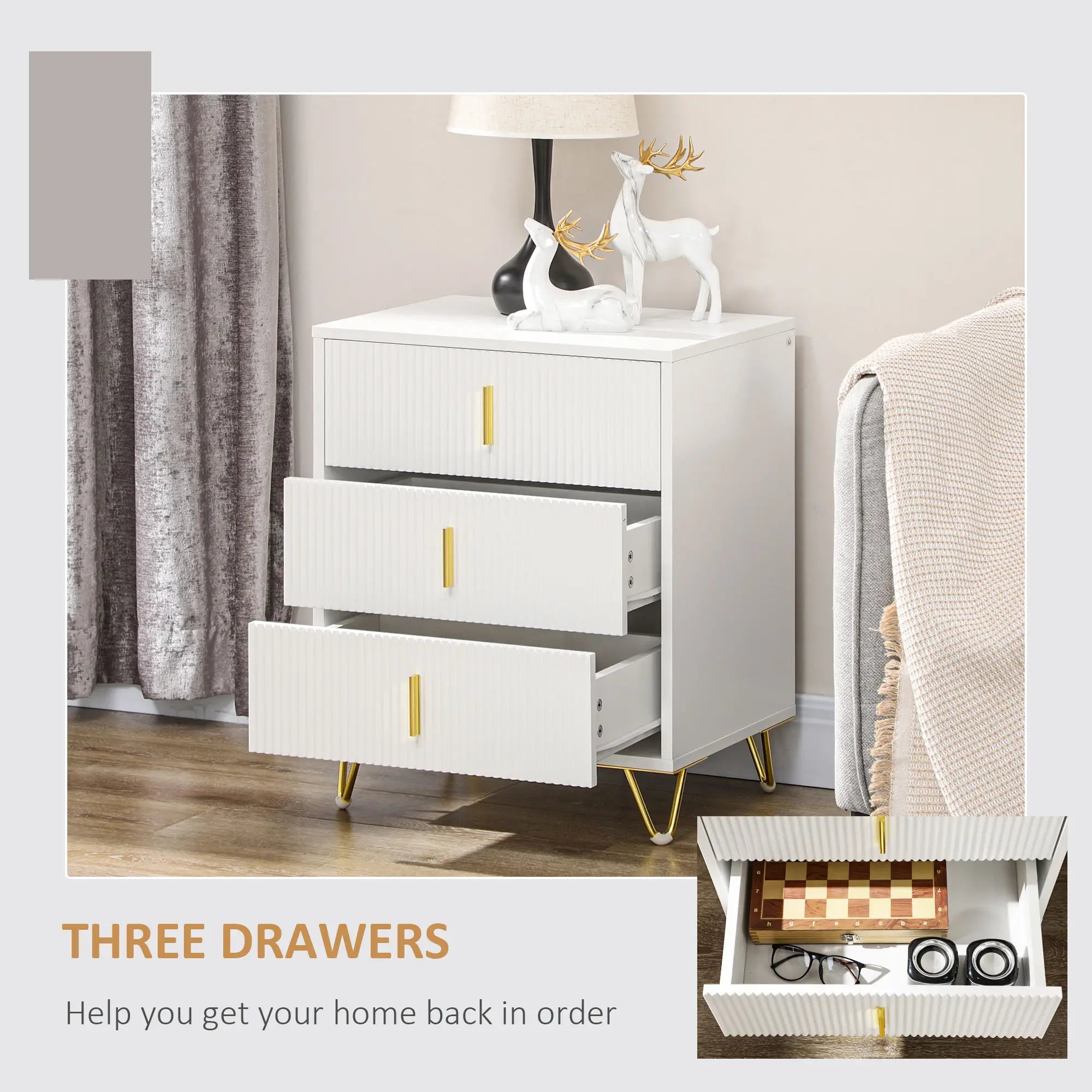 3-Drawer Storage Cabinet, Metal Legs, 19.7