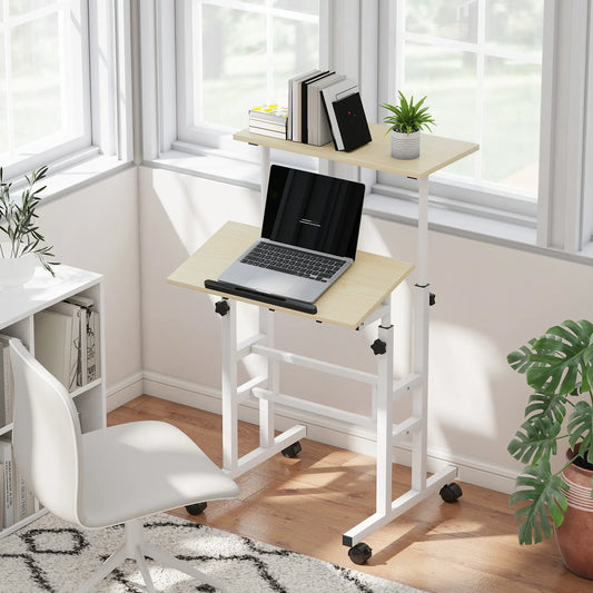 Height Adjustable Standing Desk with Wheels, Natural Computer Desks Natural, White at Gallery Canada