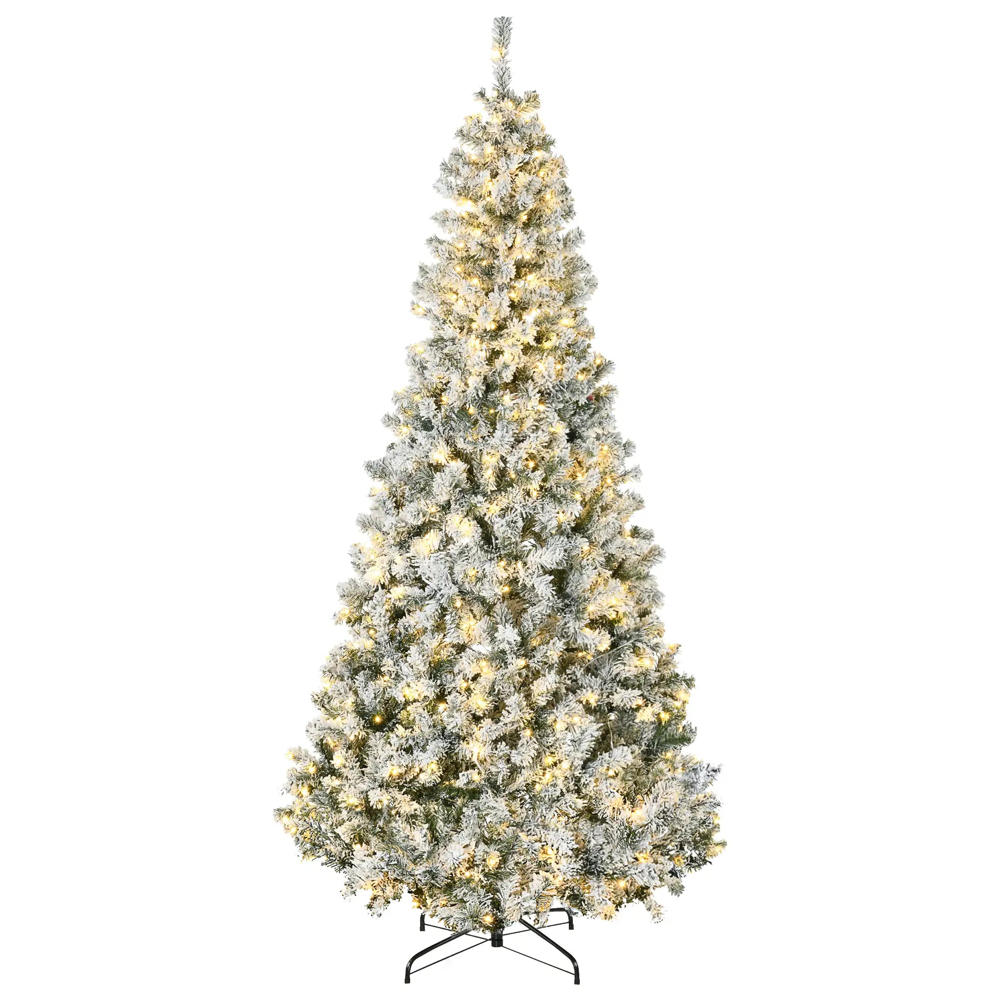 7.5ft Prelit Artificial Christmas Tree, Snow Flocked, Metal Base, Warm White LED Pre Lit Christmas Trees at Gallery Canada