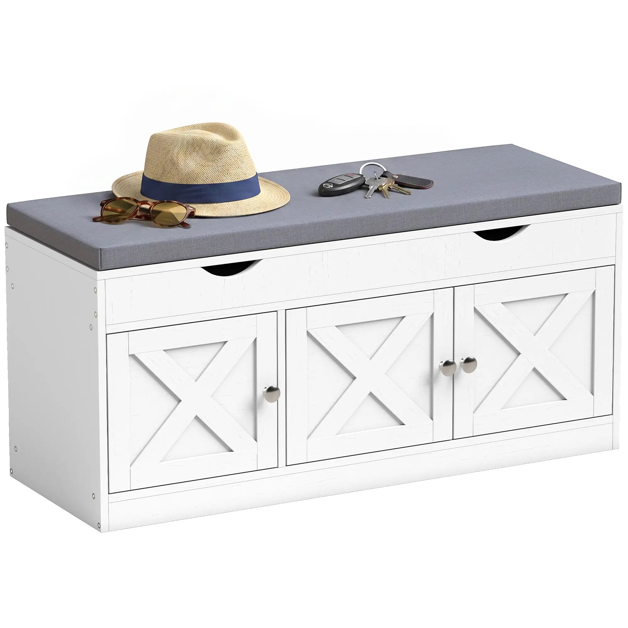 3-Door Shoe Bench with Cushion, Adjustable Shelves, White Shoe Storage Cabinets & Racks White Wood Grain, Grey at Gallery Canada