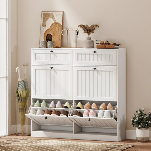 Shoe Cabinet With 2 Flip Drawers, Farmhouse Narrow Storage, White