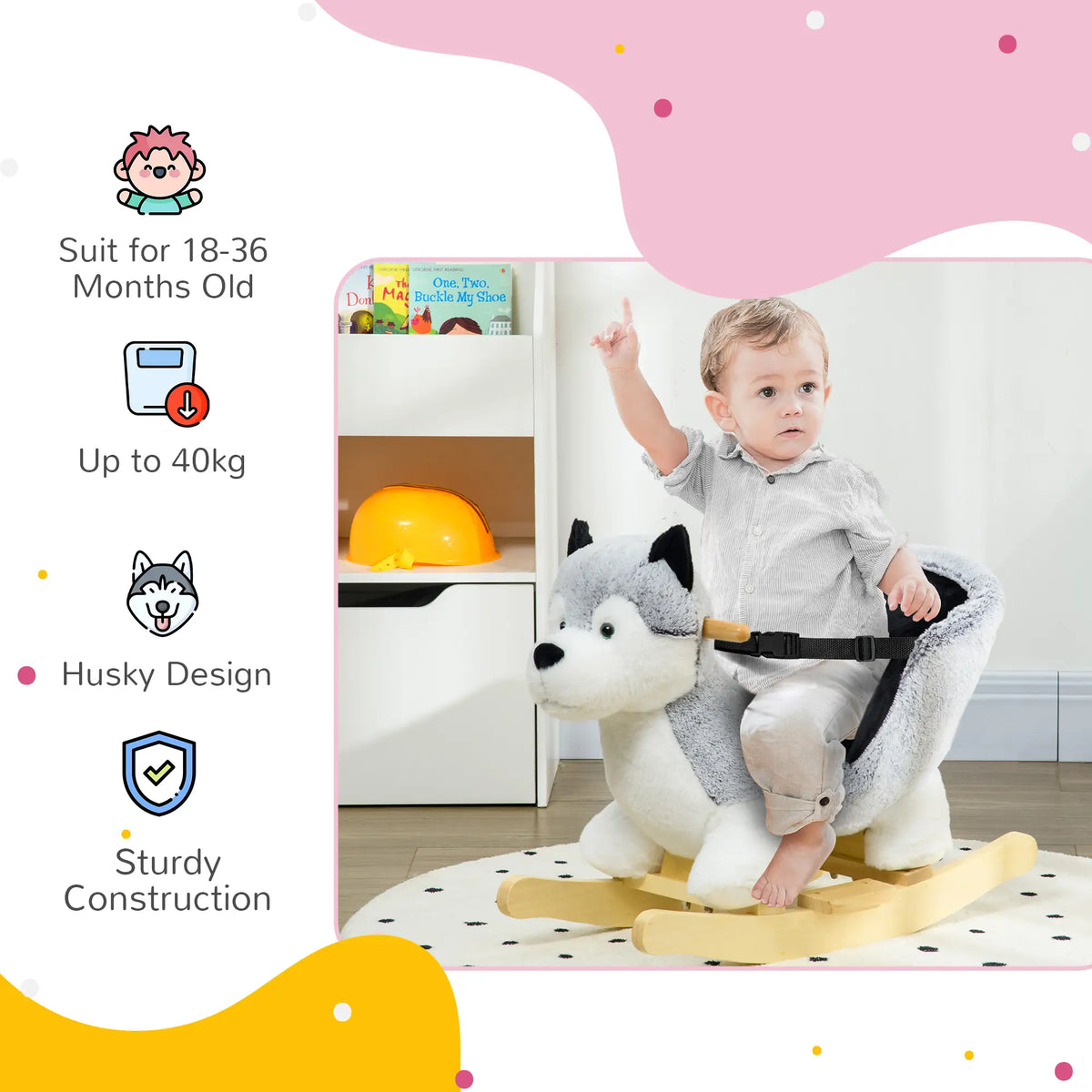 Kids Rocking Horse, Husky Plush Ride on Toy, Wooden Base, Seat Belt, 18-36 Months, Grey Rocking Horses at Gallery Canada