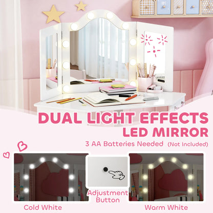 Kids Vanity Table and Chair Set with Lights, Tri-Fold Mirror, White Kids Bedroom Furniture at Gallery Canada