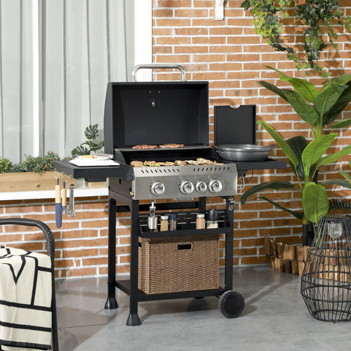 38,000 BTU Propane Gas Grill, 3 Burners, Side Burner, Warming Rack, Black