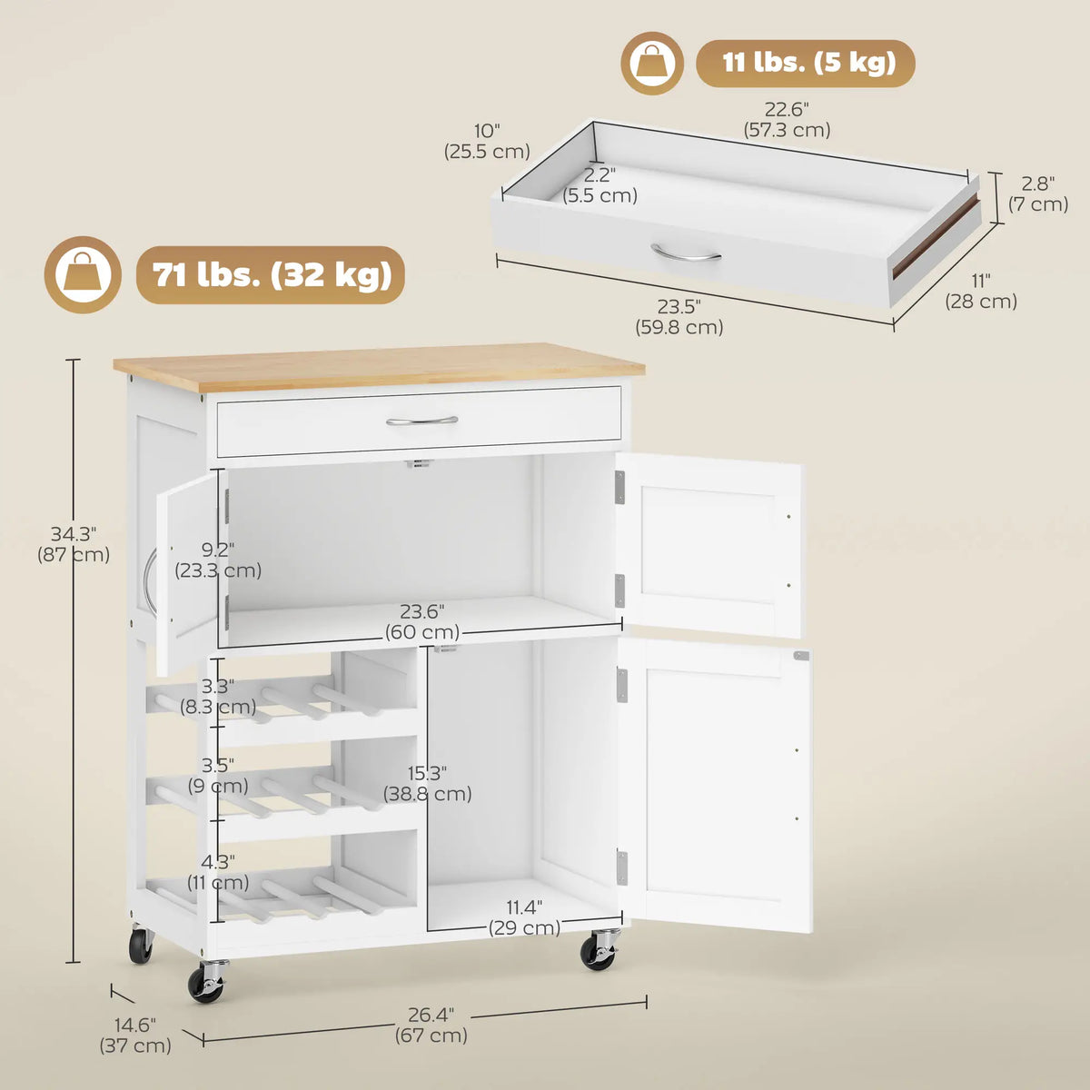 Rolling Kitchen Cart, Island with Storage Drawer, 9-Bottle Wine Rack, White Kitchen Islands & Kitchen Carts at Gallery Canada
