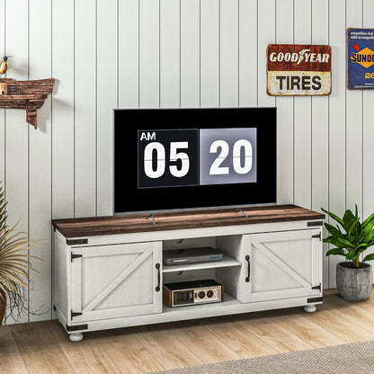 Farmhouse TV Stand for 65" TV, Barn Doors, Distressed White, White TV Stands at Gallery Canada