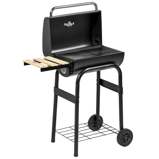 Charcoal BBQ Grill With Thermometer, Shelves, Wheels, Black