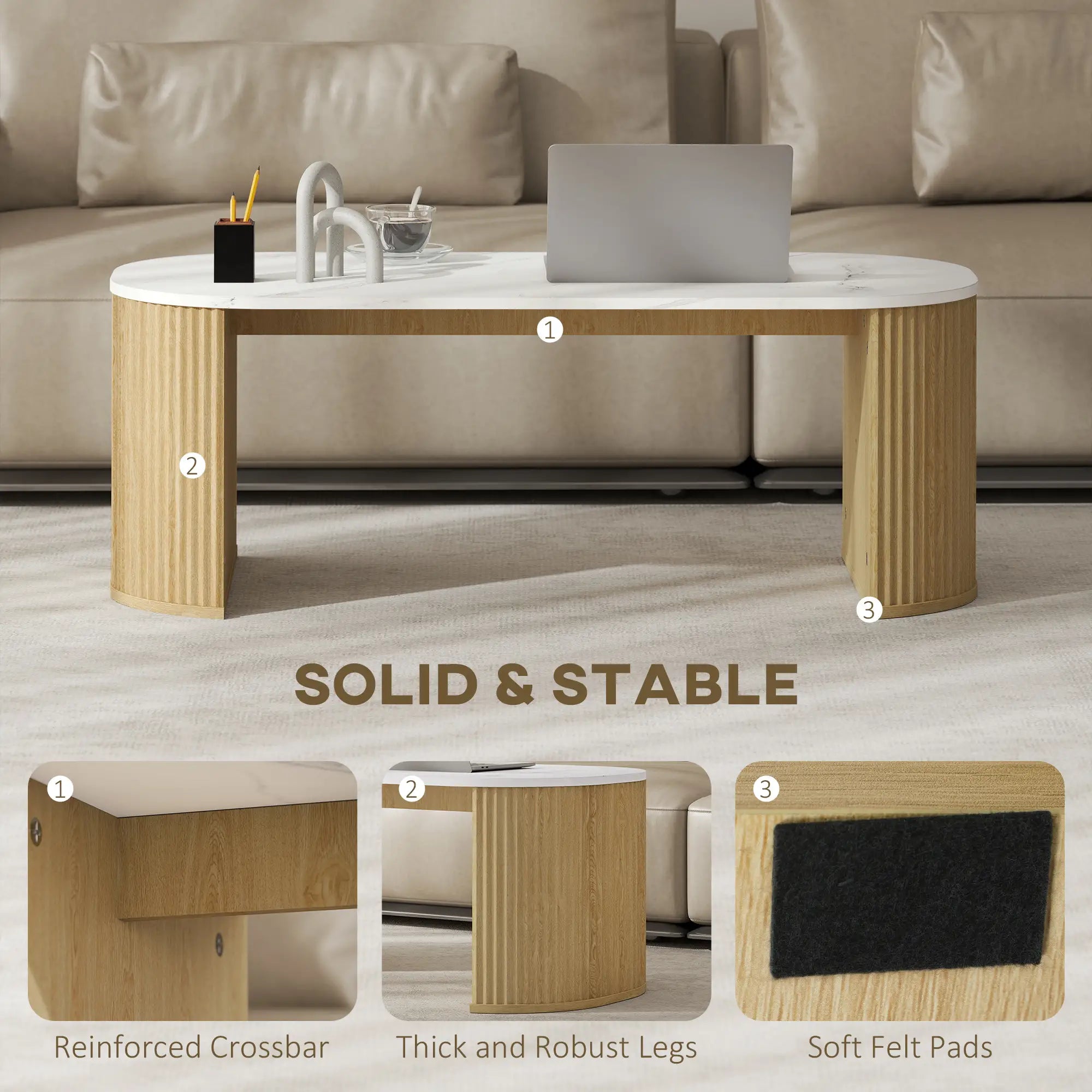 Modern Marble-Effect Coffee Table, Round Corners, Thicken Legs, Natural Wood Coffee Tables at Gallery Canada