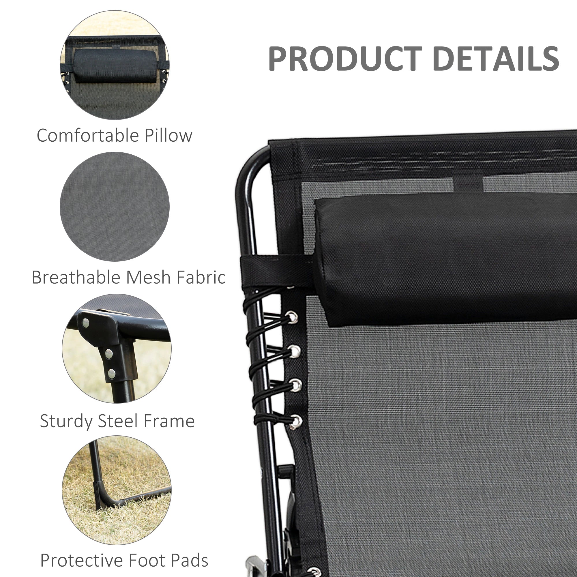 Outdoor Folding Chaise Lounge, Adjustable Backrest, Removable Pillow, Black Lounger Chairs at Gallery Canada