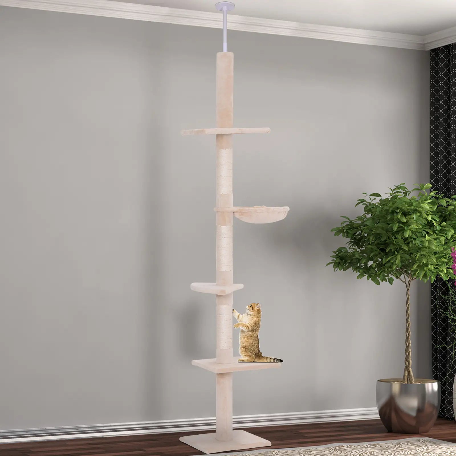 8.5ft Cat Climbing Tree, 5-Tier Kitty Activity Center, Scratching Post, Beige Floor to Ceiling Cat Trees at Gallery Canada