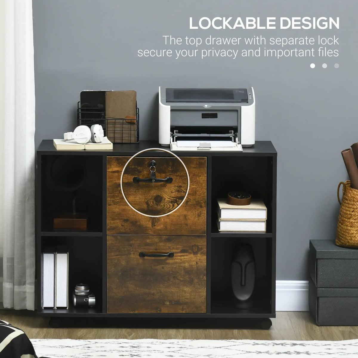 Lateral Filing Cabinet with Wheels, Lockable Drawer, Open Shelves, Rustic Brown Office Cabinets & Cupboards at Gallery Canada