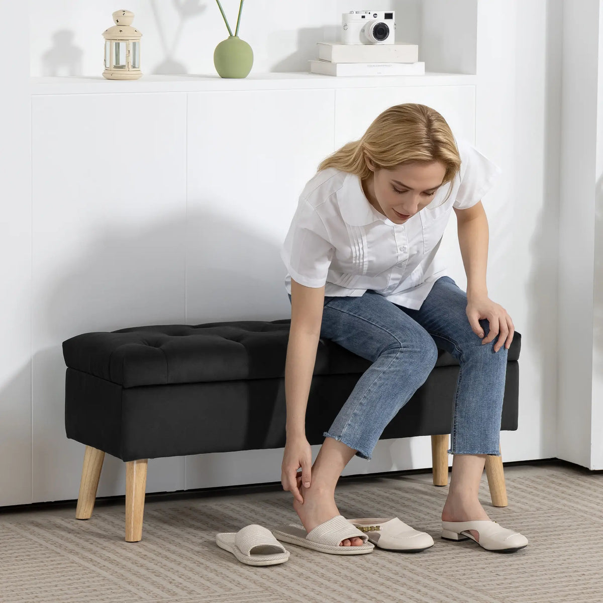 Velvet Storage Ottoman with Lid, Wood Legs, Black Storage Ottomans & Benches at Gallery Canada