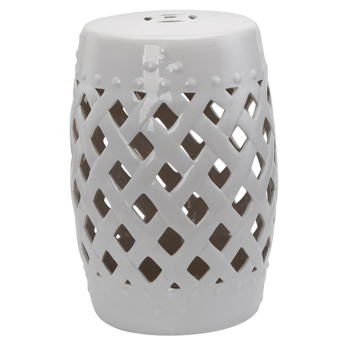 18" Ceramic Garden Stool, Woven Lattice Design, Indoor Outdoor, White Patio Chairs at Gallery Canada