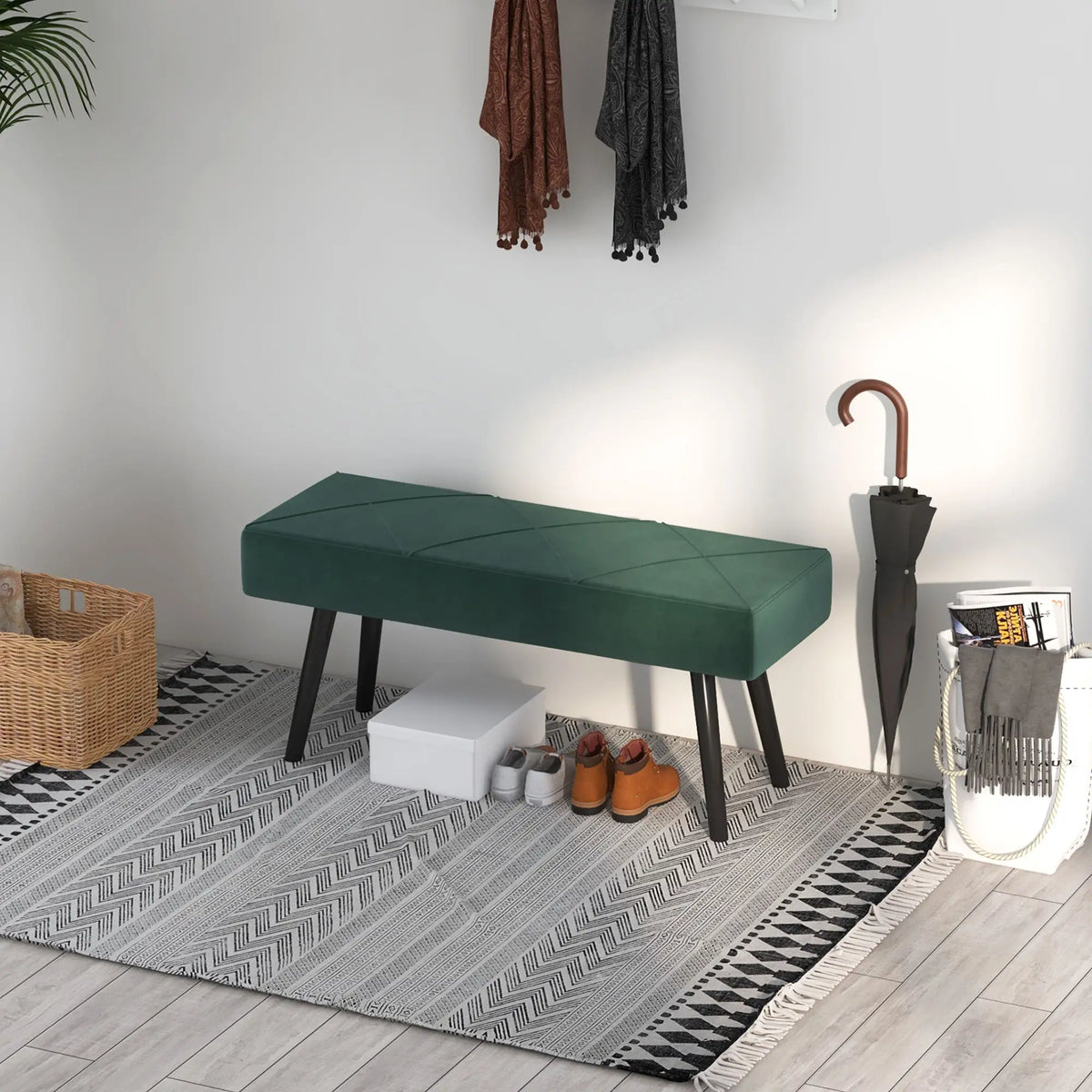 39 Inches Upholstered Bed Bench, Modern Steel Legs, Green Storage Ottomans & Benches at Gallery Canada