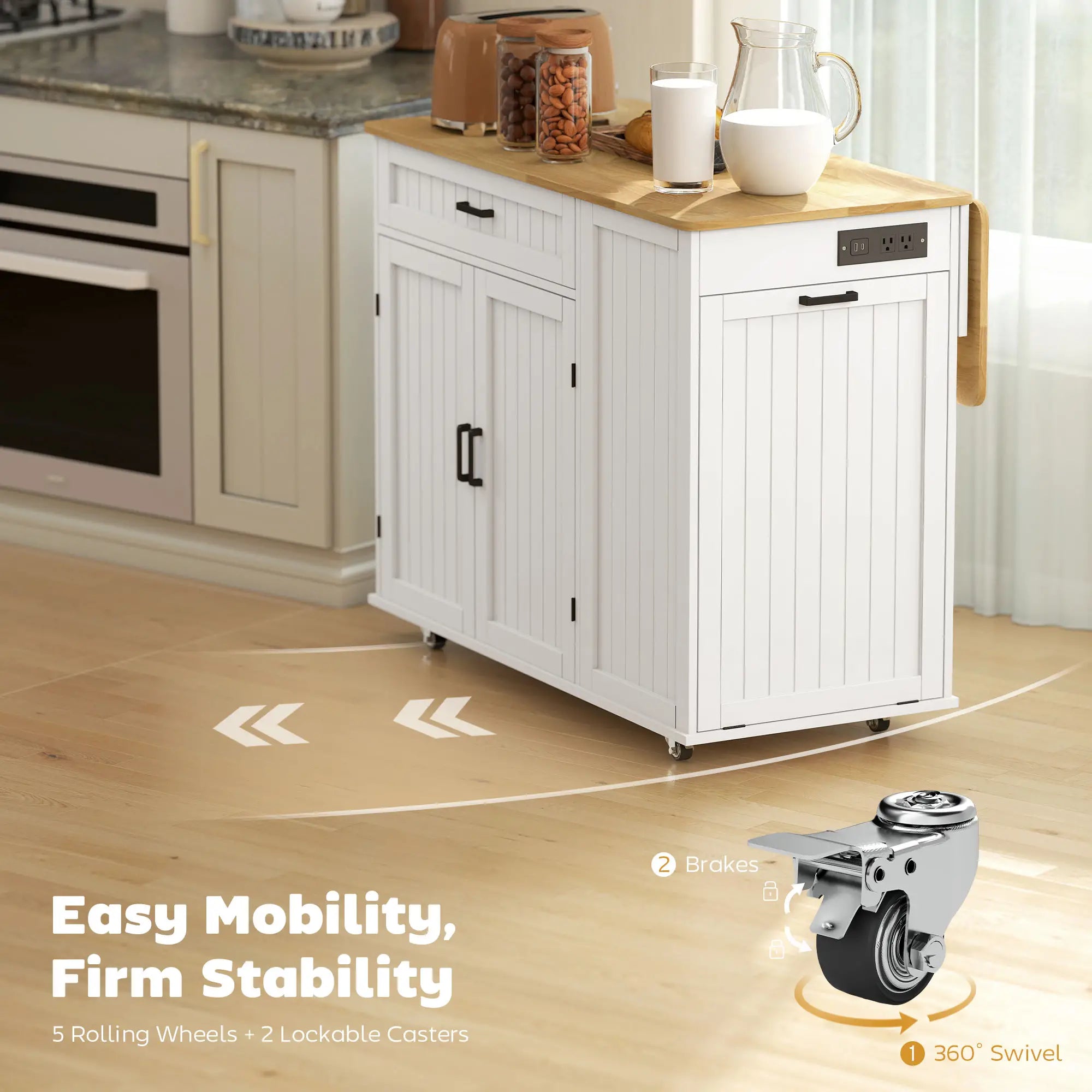 Portable Kitchen Island Cart, Rubber Wood Drop Leaf, Trash Storage, White Kitchen Islands & Kitchen Carts at Gallery Canada